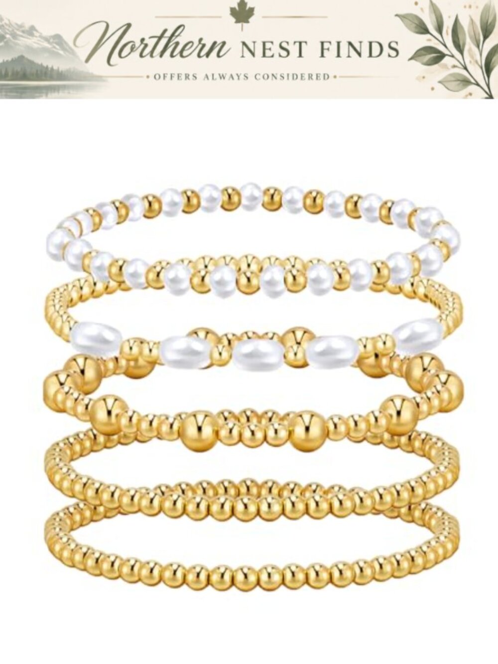 14k Gold Plated Beaded Bracelet Set Pearl Bracelets Stretch Stackable Women